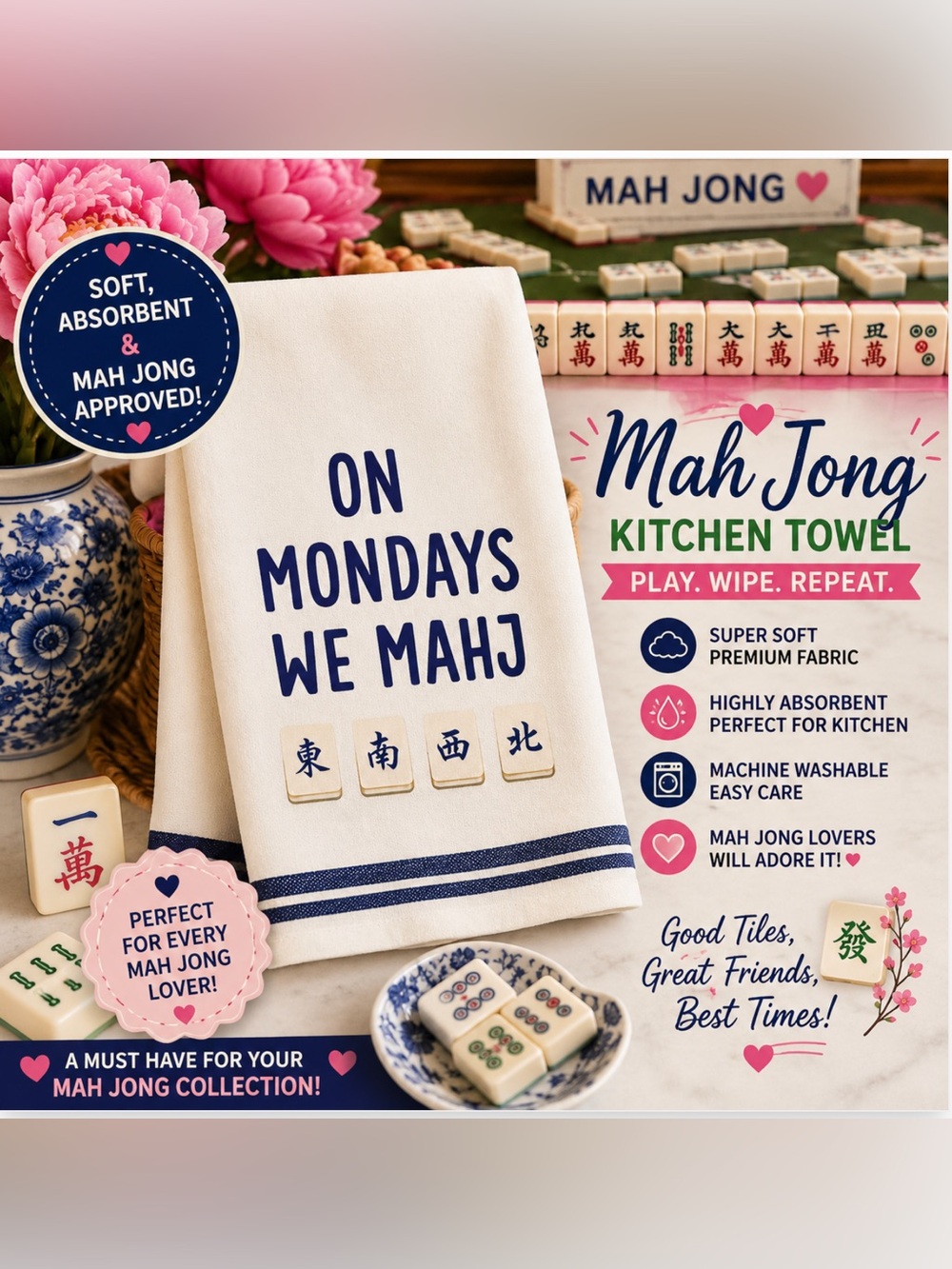 On Mondays We Mahj Cotton Tea Towel - Navy on White, New